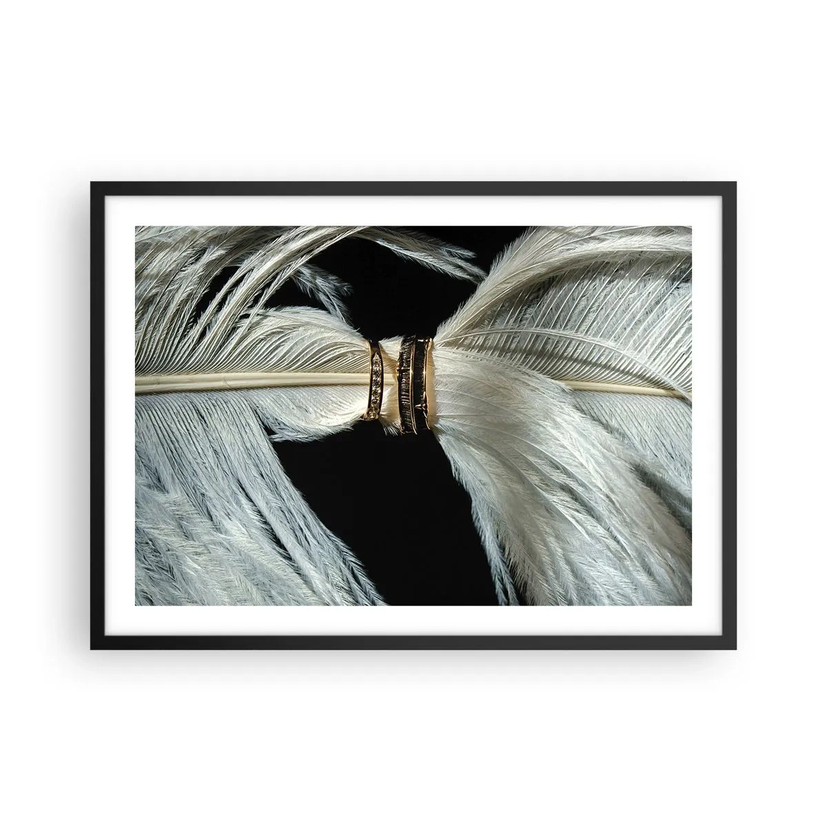 Affiche dans un cadre noir - Poster - Une plume blanche avec deux anneaux d'or sur fond noir - 70x50cm - ... et je ne te laisserai pas ... - Décoration murale moderne pour le salon et la chambre ARTTOR