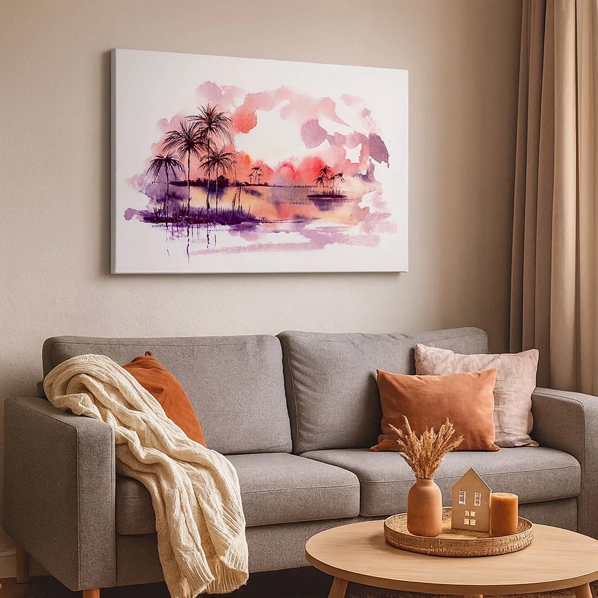 Impression sur toile - Image sur toile - Paysage tropical avec palmiers au coucher du soleil à l'aquarelle - 70x50cm - La tranquillité des tropiques en rouge - Décoration murale moderne pour le salon et la chambre ARTTOR