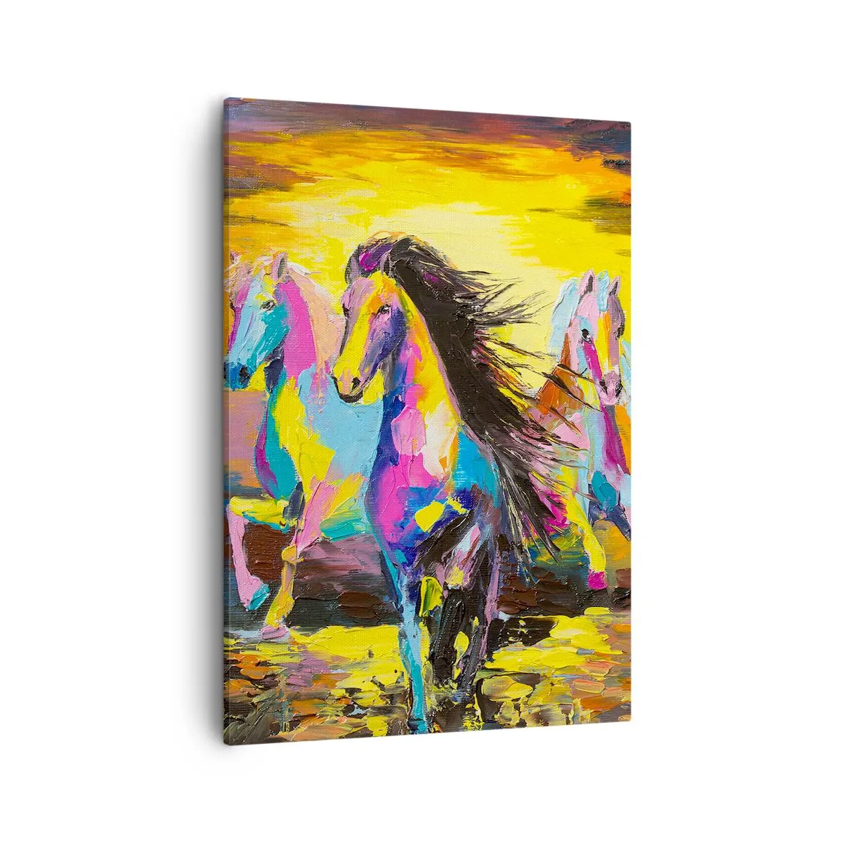Impression sur toile - Image sur toile - Chevaux colorés galopant sur fond de soleil couchant - 50x70cm - Immergé dans l'arc-en-ciel - Décoration murale moderne pour le salon et la chambre ARTTOR
