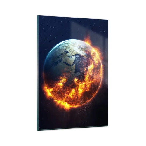 Impression sur verre - Image sur verre - La planète Terre en feu dans l'espace - 80x120cm - La flamme de l'apocalypse - Décoration murale moderne pour le salon et la chambre ARTTOR