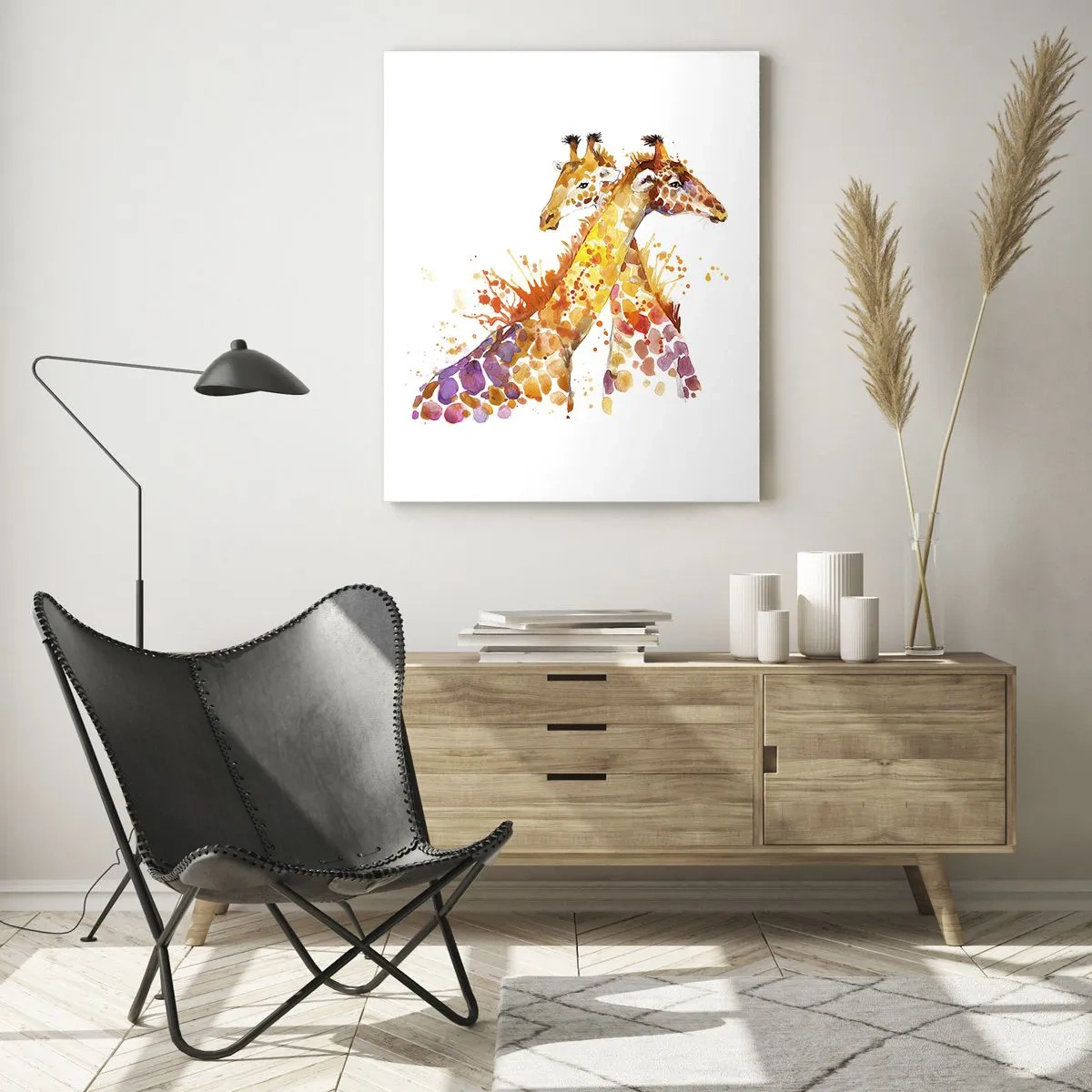 Impression sur verre - Image sur verre - Girafes à l'aquarelle aux tons colorés - 70x100cm - Est-ce de l'amitié ou de l'amour? - Décoration murale moderne pour le salon et la chambre ARTTOR