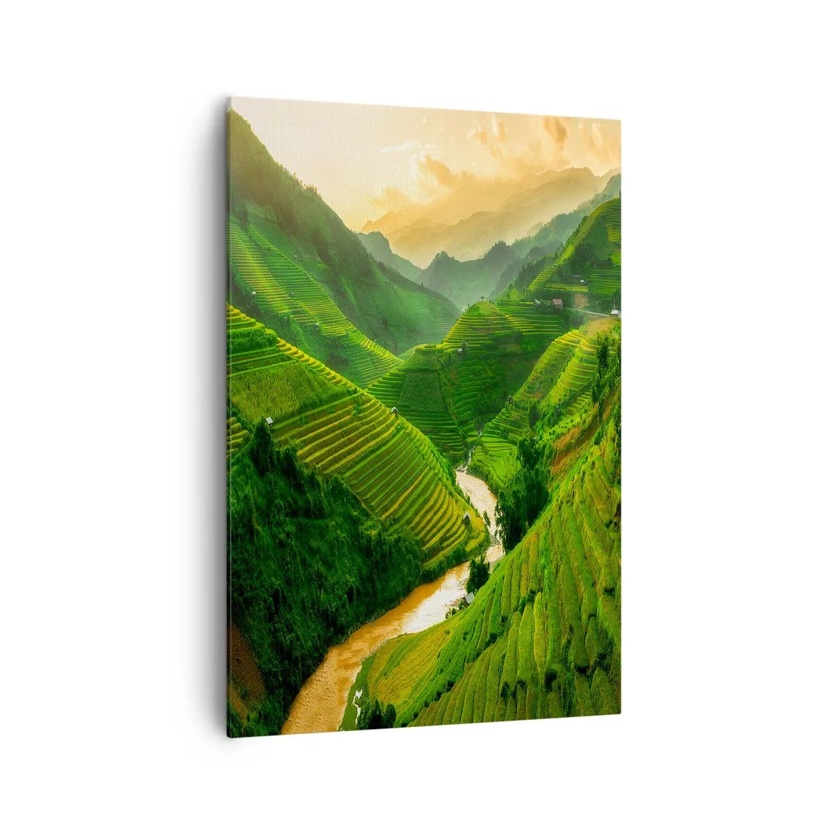 Impression sur toile - Image sur toile - Rizières en terrasses pittoresques dans une vallée verdoyante illuminée par le soleil couchant - 70x100cm - Vallée vietnamienne - Décoration murale moderne pour le salon et la chambre ARTTOR