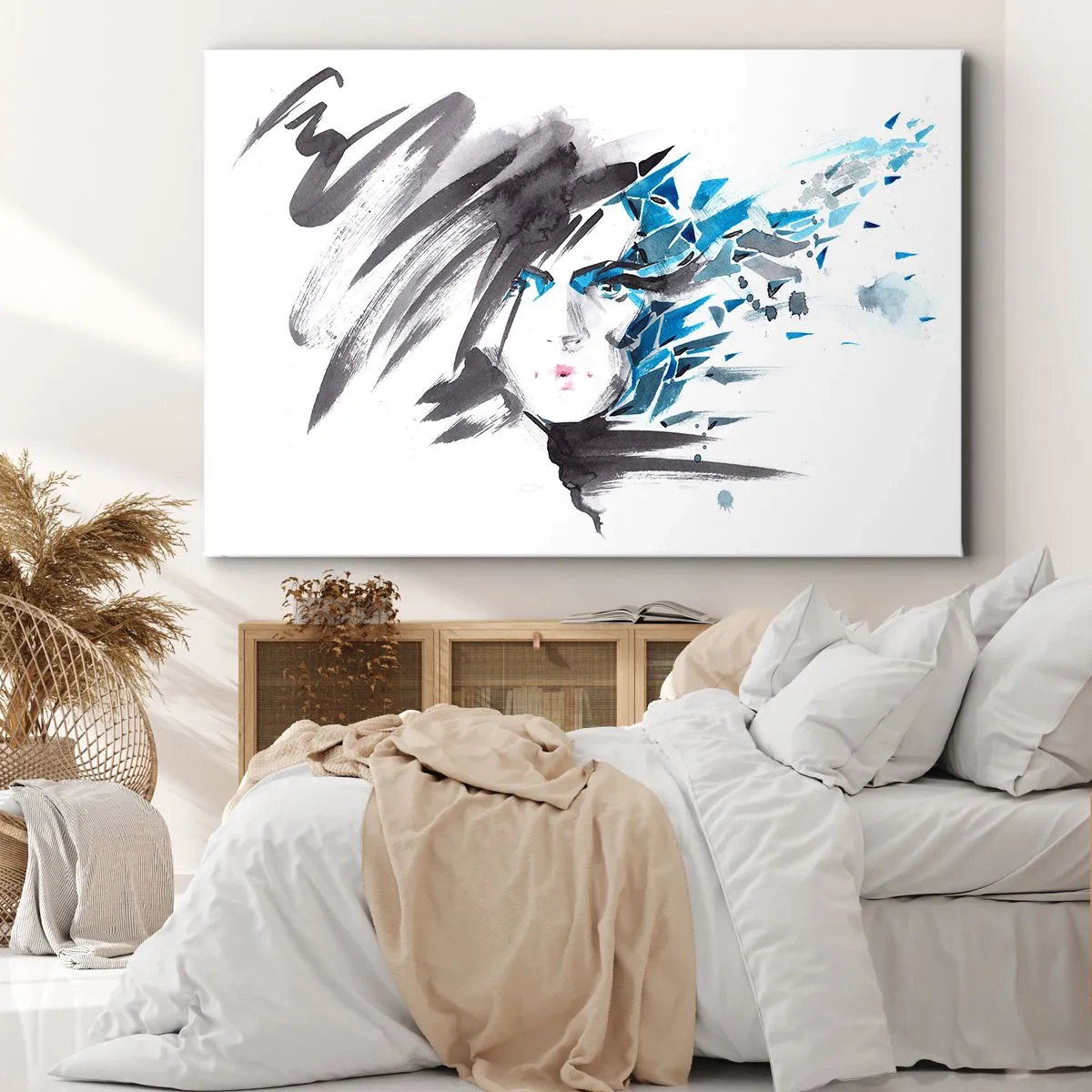 Impression sur toile - Image sur toile - Peinture faciale artistique à l'aquarelle avec des accents bleus - 100x70cm - Portrait sensuel en gris et bleu - Décoration murale moderne pour le salon et la chambre ARTTOR