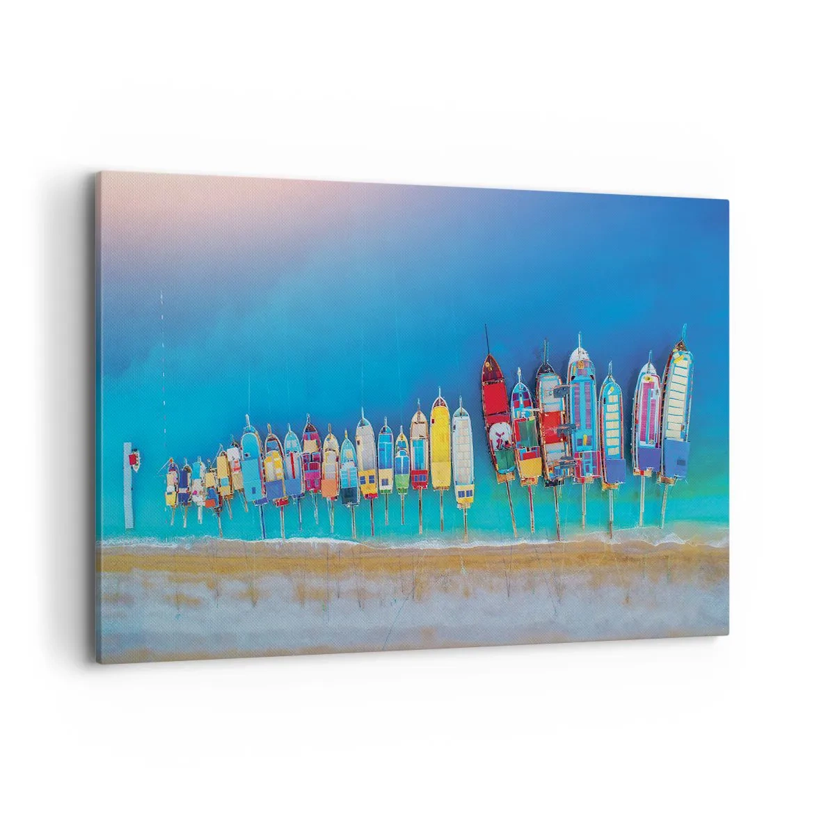 Impression sur toile - Image sur toile - Des bateaux colorés alignés en rangée sur le rivage - 120x80cm - Une vue à vol d'oiseau - Décoration murale moderne pour le salon et la chambre ARTTOR