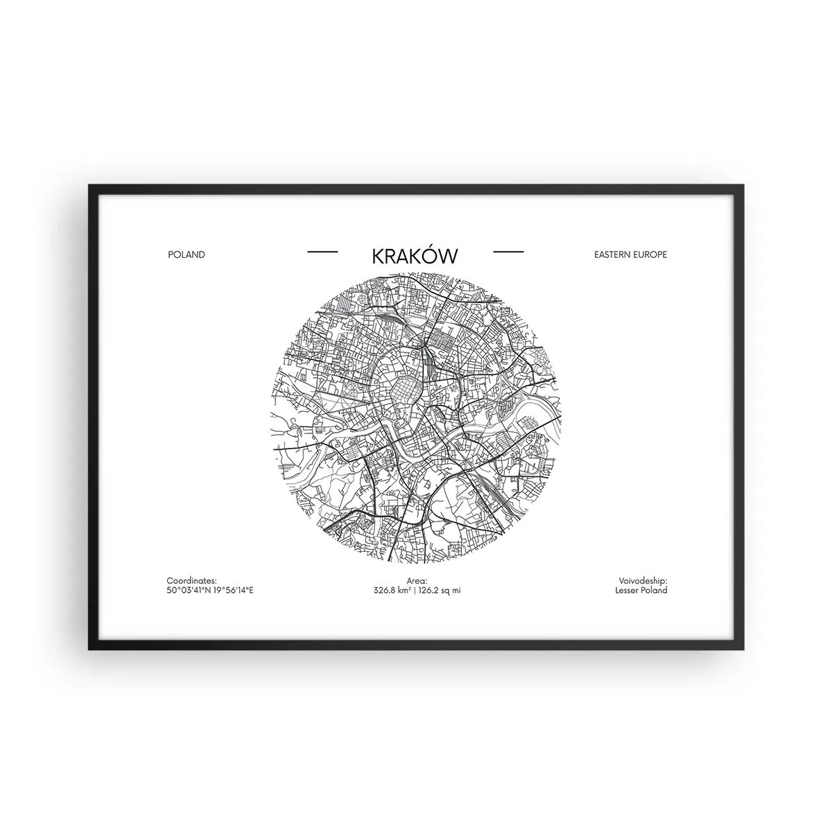 Affiche dans un cadre noir - Poster - Une carte de Cracovie dans un style minimaliste - 100x70cm - Anatomie de Cracovie - Décoration murale moderne pour le salon et la chambre ARTTOR