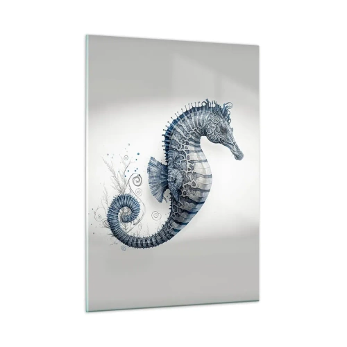 Impression sur verre - Image sur verre - Hippocampe bleu sur fond clair dans un style de dessin - 50x70cm - Une subtile plaisanterie de la nature - Décoration murale moderne pour le salon et la chambre ARTTOR