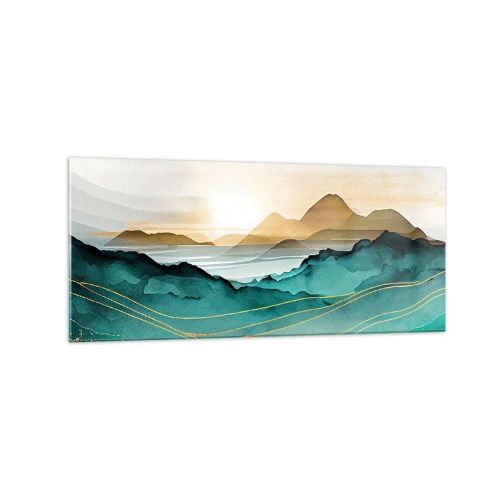 Impression sur verre - Image sur verre - Paysage abstrait avec des montagnes et des accents dorés - 120x50cm - Au frontière de l’abstraction – paysage - Décoration murale moderne pour le salon et la chambre ARTTOR
