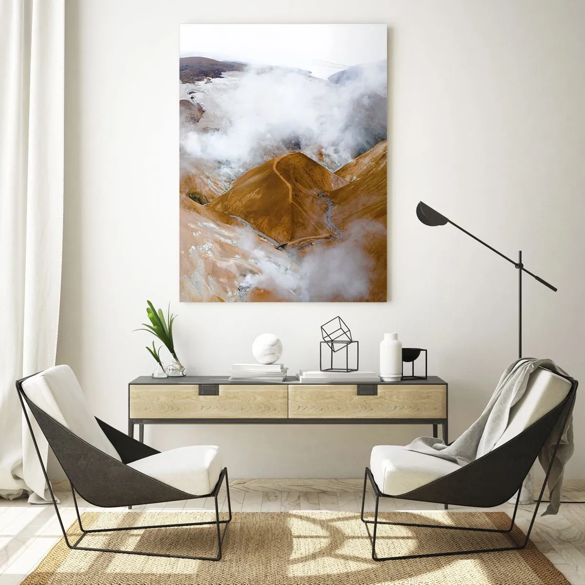 Impression sur verre - Image sur verre - Vue aérienne des collines et vallées islandaises fumantes - 50x70cm - Le charme brut de l'Islande - Décoration murale moderne pour le salon et la chambre ARTTOR