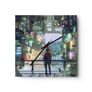 Horloge murale - Pendule murale - Une silhouette dans une ville futuriste avec des néons - 30x30cm - Deux mondes - Décoration murale moderne pour le salon et la chambre ARTTOR