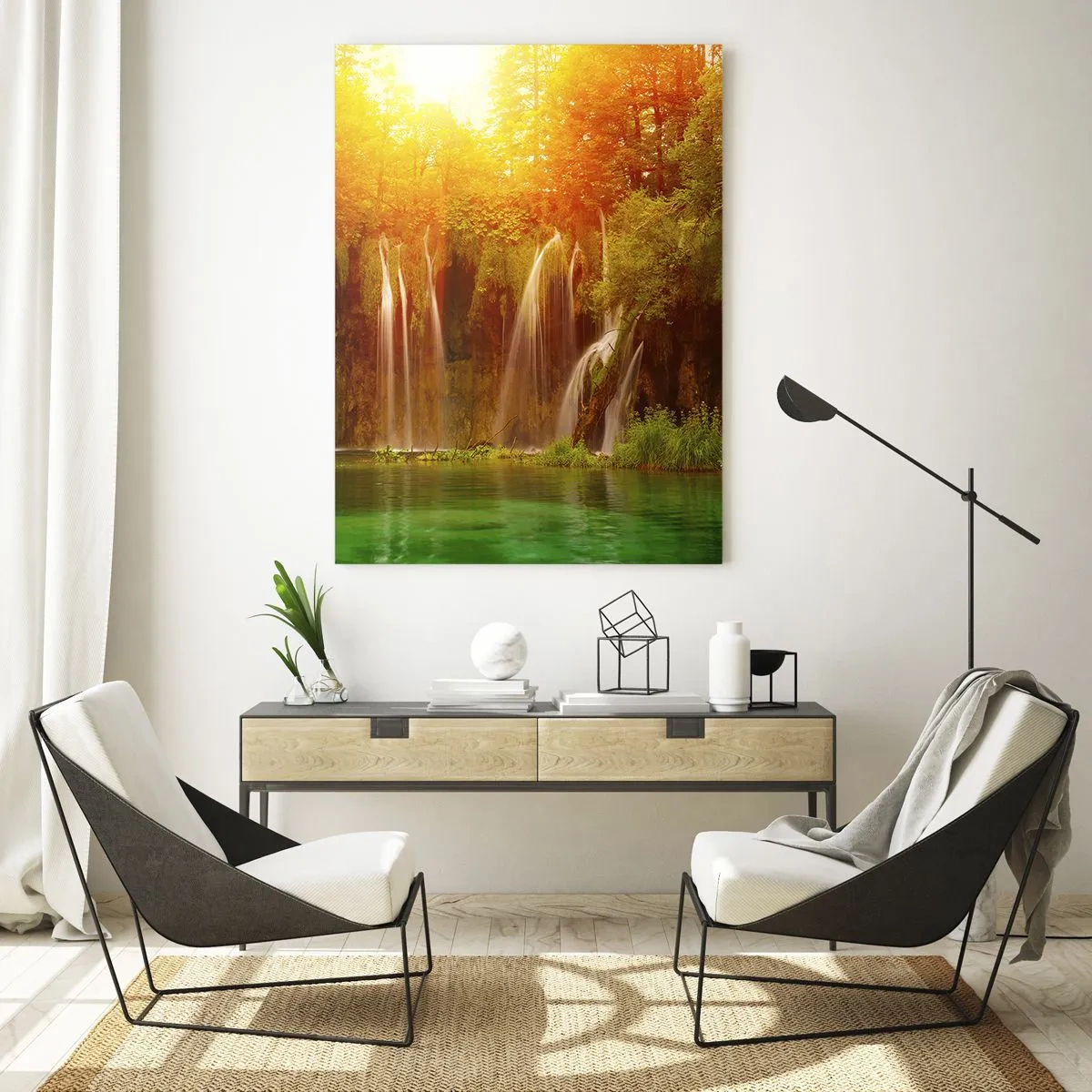 Impression sur verre - Image sur verre - Cascades dans une forêt ensoleillée avec de l'eau turquoise - 50x70cm - Au soleil et à l'ombre - Décoration murale moderne pour le salon et la chambre ARTTOR