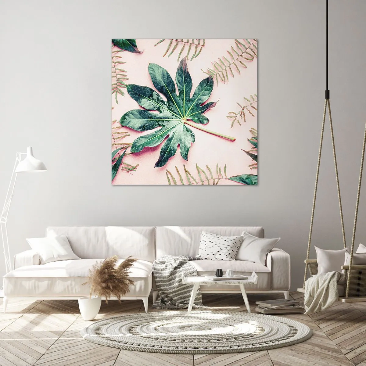 Impression sur toile - Image sur toile - Étude de verdure sur fond rose - 70x70 cm