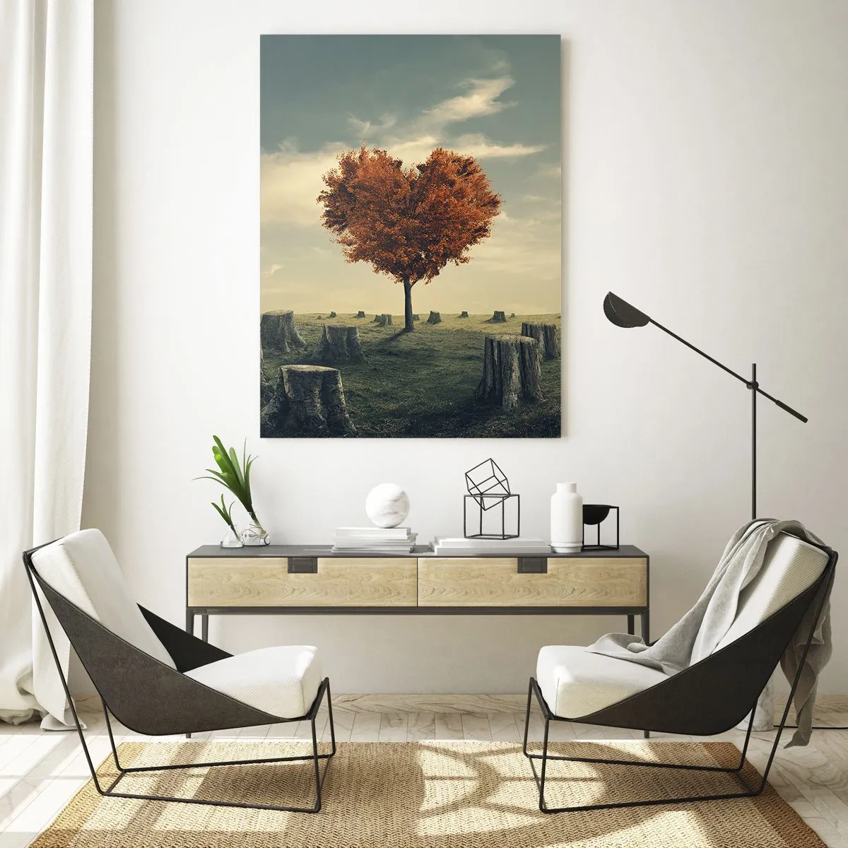 Impression sur verre - Image sur verre - Un arbre en forme de cœur dans un champ de souches, symbole d'espoir - 80x120cm - Il y a toujours de l'espoir - Décoration murale moderne pour le salon et la chambre ARTTOR