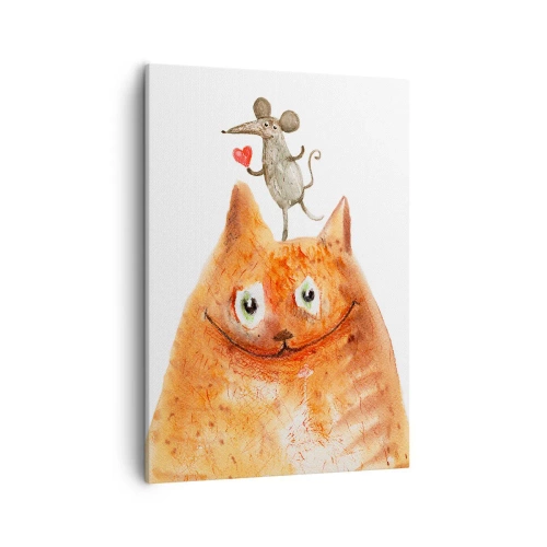 Impression sur toile - Image sur toile - Un dessin d'un chat avec une souris sur la tête tenant un cœur - 50x70cm - Amour paradoxal - Décoration murale moderne pour le salon et la chambre ARTTOR