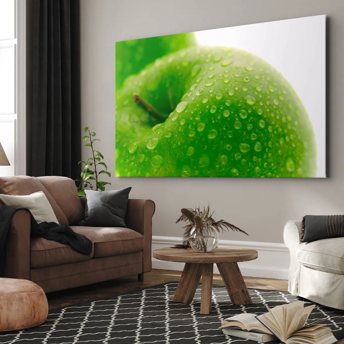 Impression sur toile - Image sur toile - Gros plan d'une pomme verte avec des gouttes d'eau - 70x50cm - Fraîcheur de verdure fraîche - Décoration murale moderne pour le salon et la chambre ARTTOR