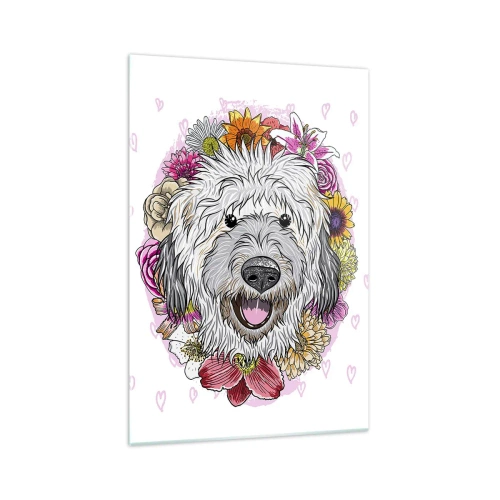 Impression sur verre - Image sur verre - Un chien entouré de fleurs colorées - 70x100cm - La joie du chiot - Décoration murale moderne pour le salon et la chambre ARTTOR