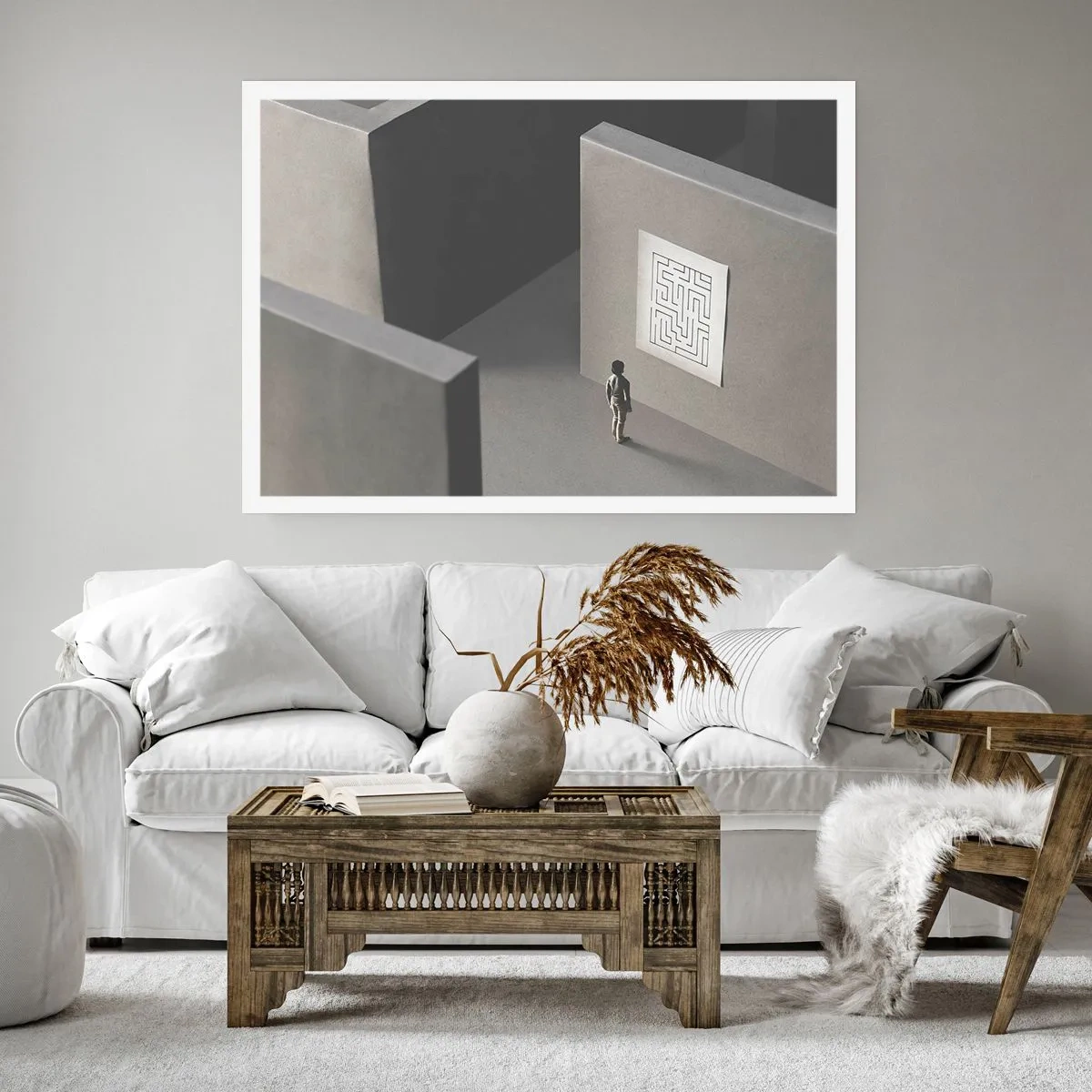 Affiche - Poster - Une figure dans un labyrinthe regardant une carte suspendue - 100x70cm - Mais où suis-je? - Décoration murale moderne pour le salon et la chambre ARTTOR