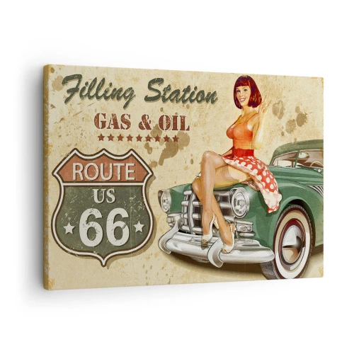 Impression sur toile - Image sur toile - Affiche rétro de la Route 66 avec une pin-up et une voiture - 70x50cm - Les superbes années 40. - Décoration murale moderne pour le salon et la chambre ARTTOR