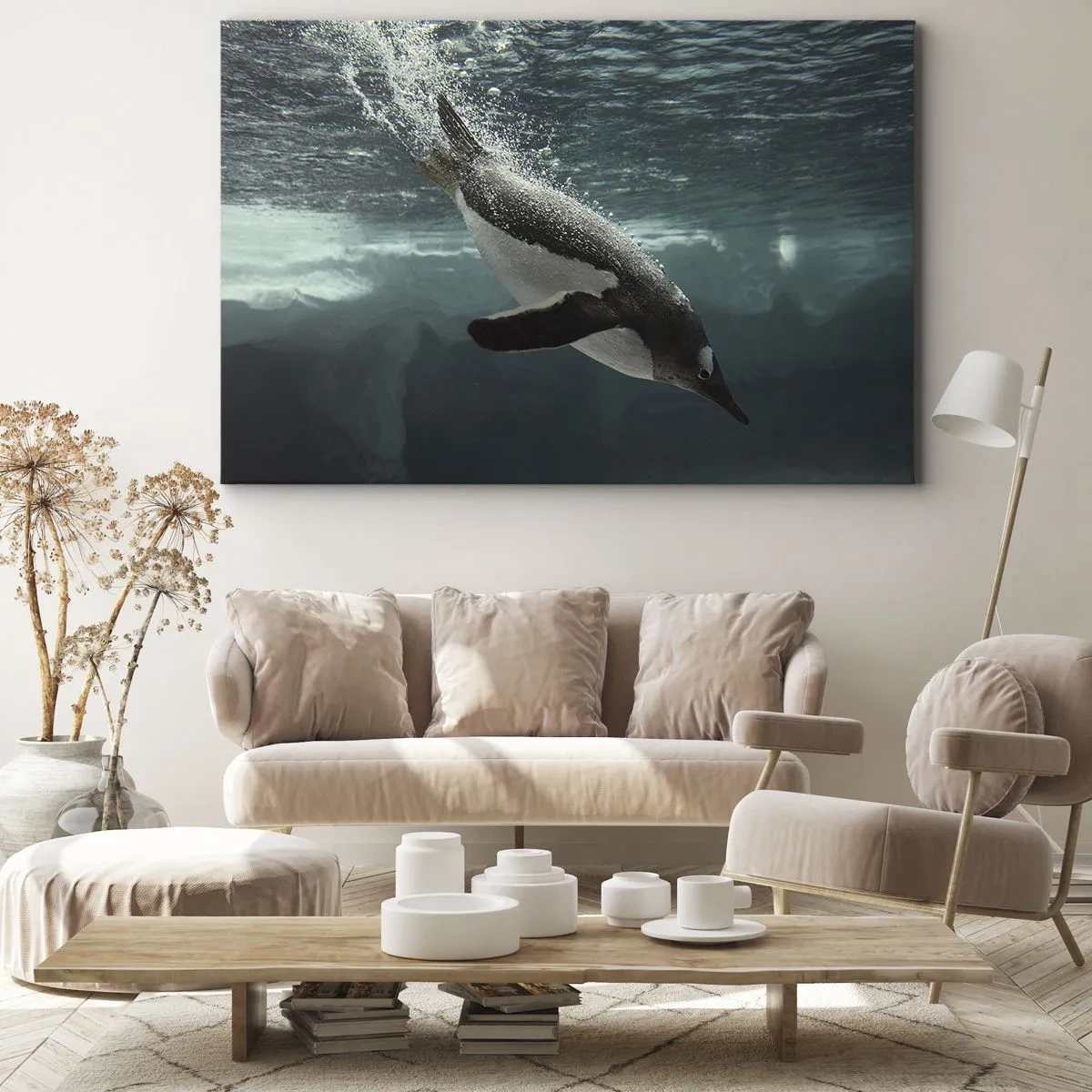 Impression sur toile - Image sur toile - Un pingouin plongeant dans les profondeurs de l'eau glacée - 120x80cm - Bienvenue dans mon monde - Décoration murale moderne pour le salon et la chambre ARTTOR