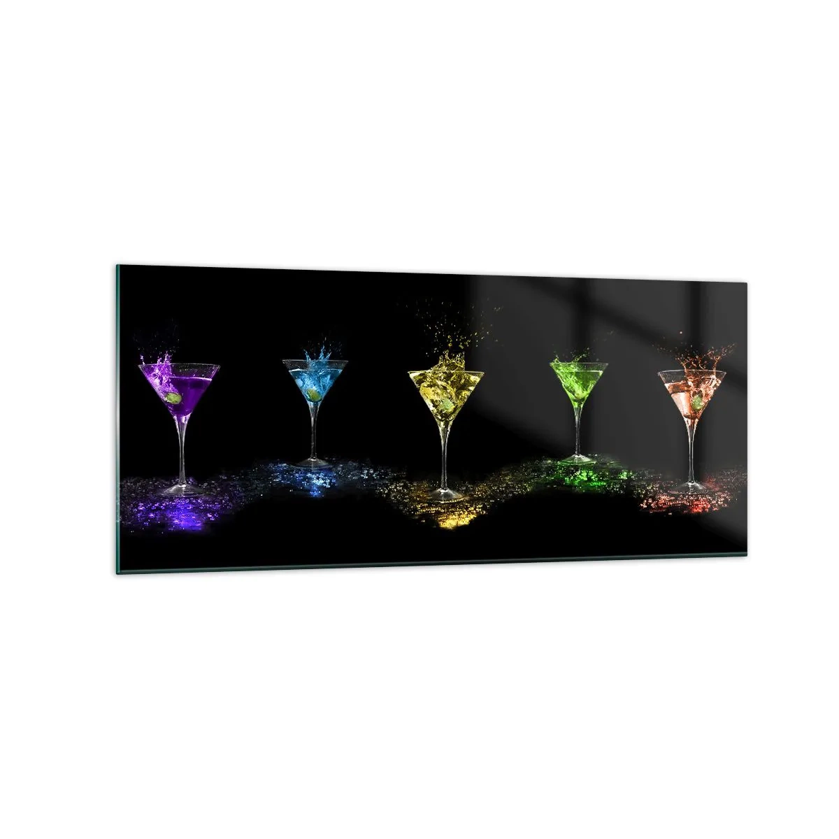 Impression sur verre - Image sur verre - Cocktails colorés dans des verres sur fond noir - 120x50cm - Couleurs de joie en verre de cristal - Décoration murale moderne pour le salon et la chambre ARTTOR