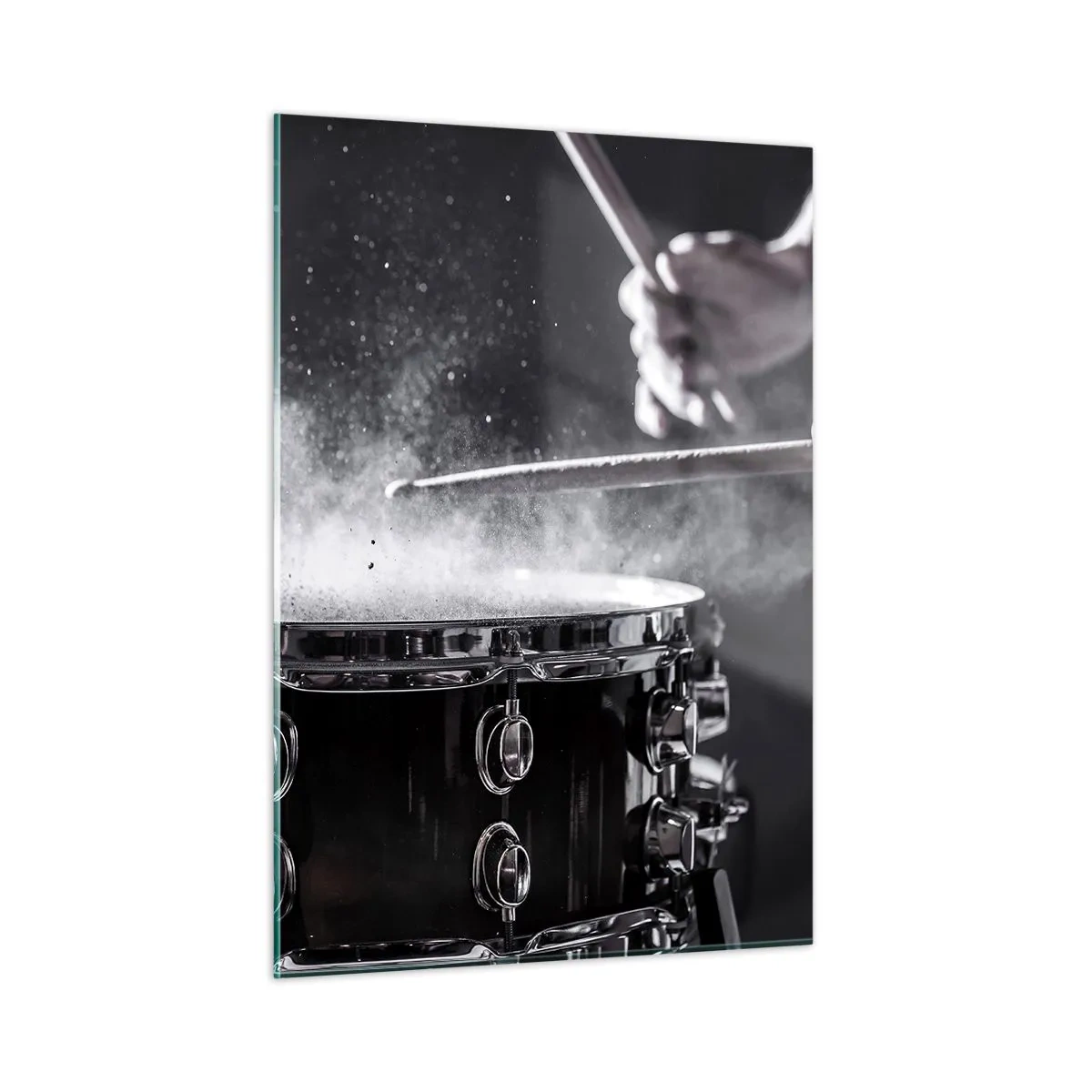 Impression sur verre - Image sur verre - Tambours en mouvement avec de la poudre flottante - 50x70cm - Tempo de la musique - Décoration murale moderne pour le salon et la chambre ARTTOR