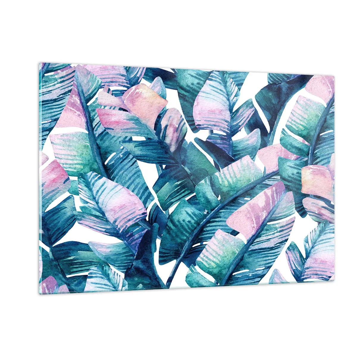 Impression sur verre - Image sur verre - Feuilles de bananier aux tons pastel sur fond blanc - 120x80cm - Dans une bananeraie - Décoration murale moderne pour le salon et la chambre ARTTOR