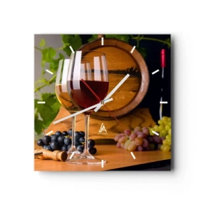 Horloge murale - Pendule murale - Verres de vin avec des raisins, un tonneau et des bouteilles sur une table en bois - 30x30cm - Comme les vieux maîtres - Décoration murale moderne pour le salon et la chambre ARTTOR