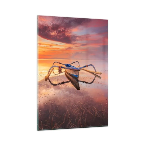 Impression sur verre - Image sur verre - Un bateau sur une eau calme au coucher du soleil - 80x120cm - Le calme d'une soirée tropicale - Décoration murale moderne pour le salon et la chambre ARTTOR
