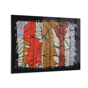 Impression sur verre - Image sur verre - Abstraction graphique avec des rayures colorées et des lignes noires - 70x50cm - Composition spontanée - Décoration murale moderne pour le salon et la chambre ARTTOR