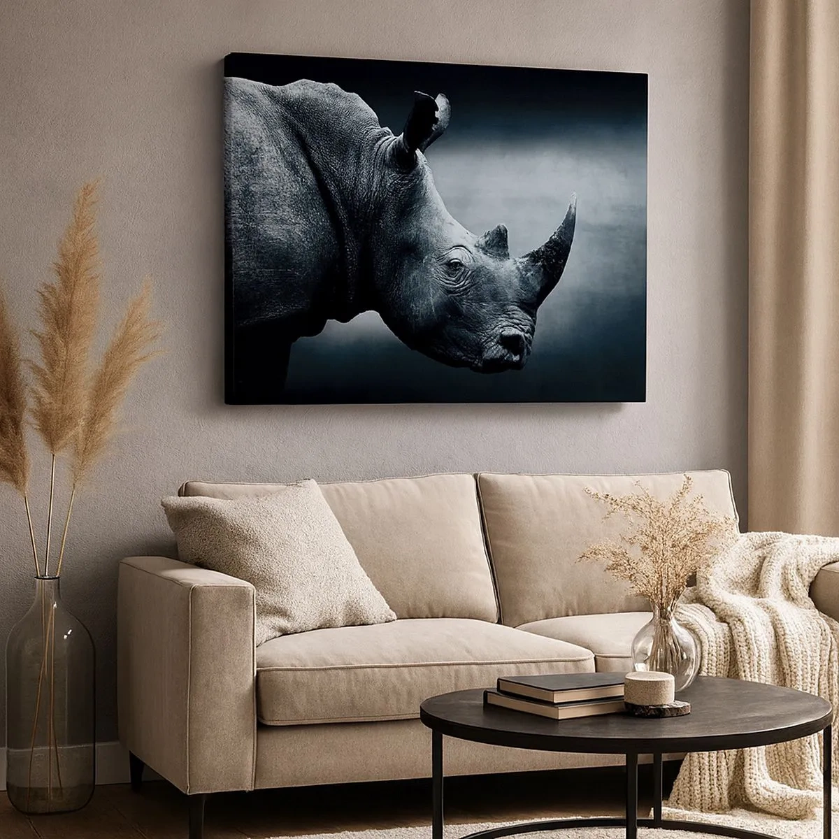 Impression sur toile - Image sur toile - Portrait noir et blanc d'un rhinocéros sur fond sombre - 70x50cm - Le profil droit - Décoration murale moderne pour le salon et la chambre ARTTOR