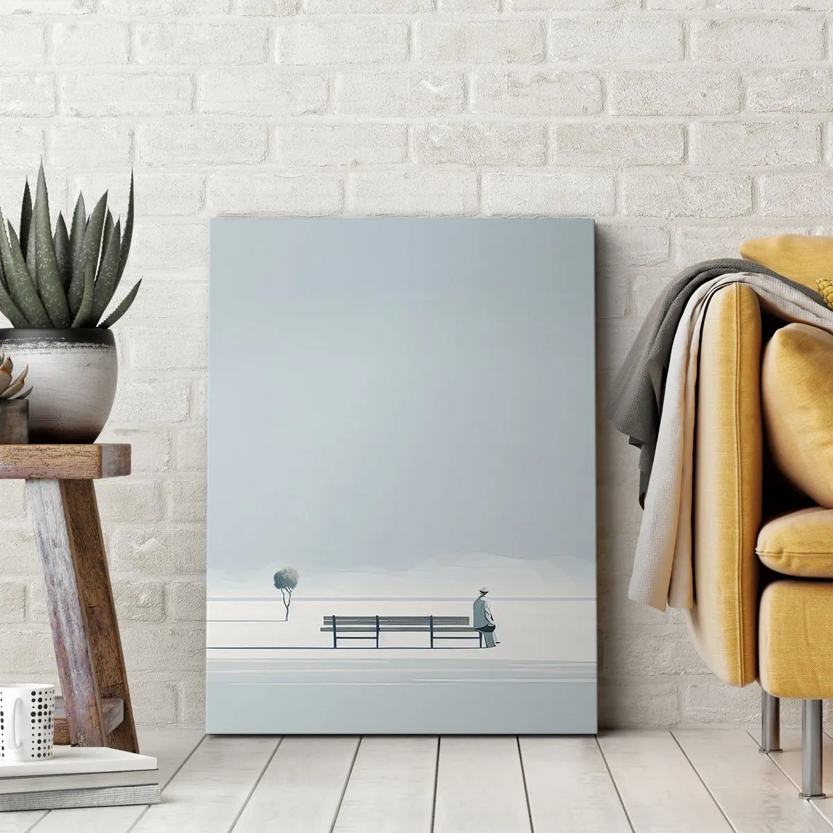 Impression sur toile - Image sur toile - Une personne assise sur un banc dans un paysage minimaliste - 70x100cm - Oui, j'attends. - Décoration murale moderne pour le salon et la chambre ARTTOR