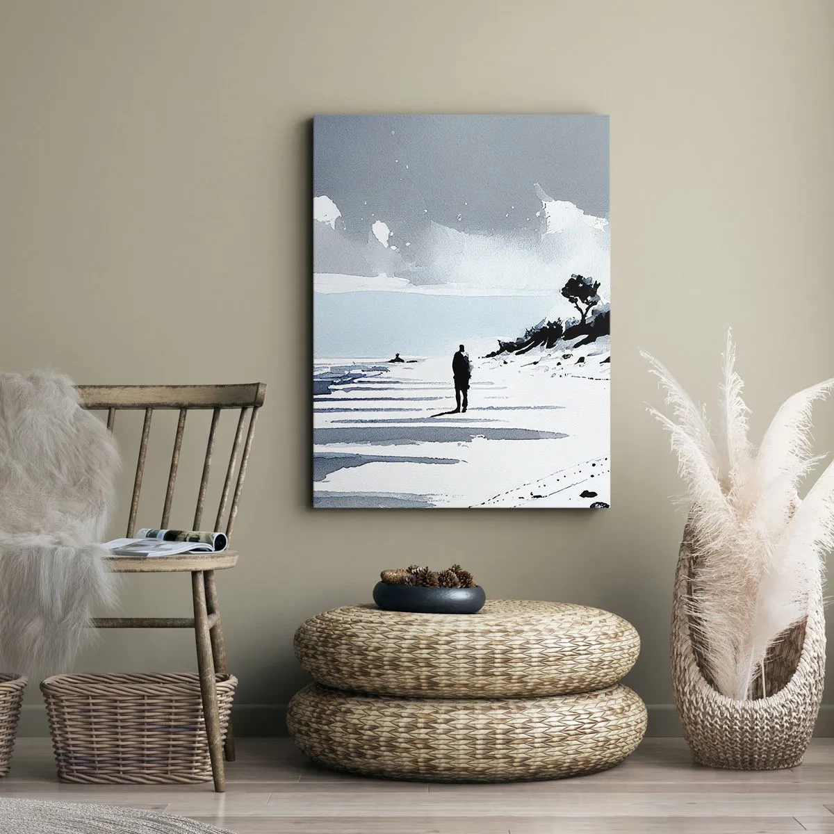 Impression sur toile - Image sur toile - Une silhouette solitaire marchant sur une plage déserte - 50x70cm - Seul à seul - Décoration murale moderne pour le salon et la chambre ARTTOR