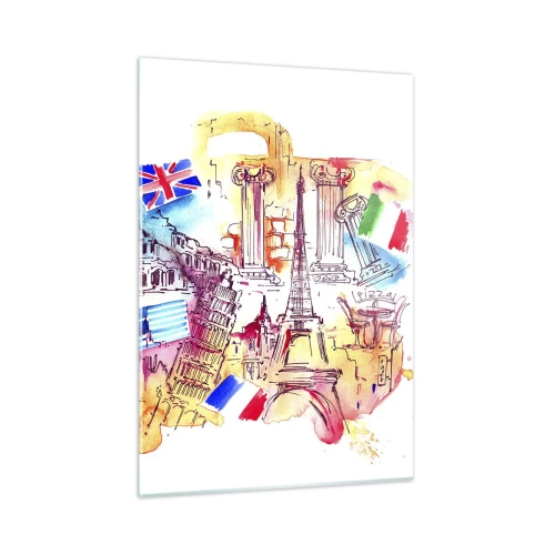 Impression sur verre - Image sur verre - Aquarelle de monuments européens avec drapeaux de pays - 50x70cm - Tournée européenne - Décoration murale moderne pour le salon et la chambre ARTTOR