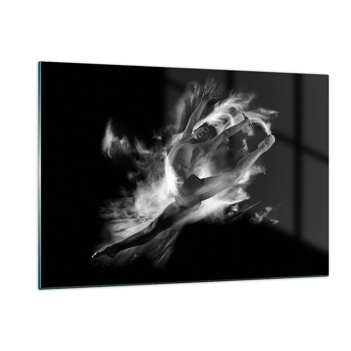 Impression sur verre - Image sur verre - Silhouette noire et blanche d'un danseur en mouvement dynamique - 120x80cm - Coincé en l'air - Décoration murale moderne pour le salon et la chambre ARTTOR