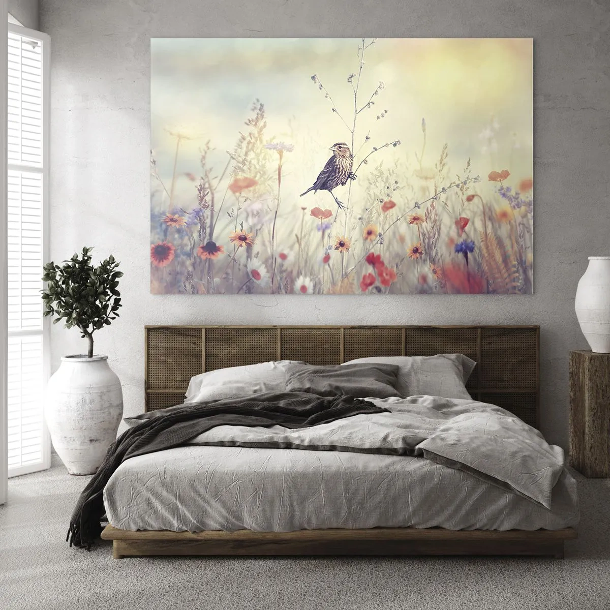 Impression sur verre - Image sur verre - Un oiseau dans une prairie fleurie au soleil - 70x50cm - Portrait d'oiseau sur pré en fond - Décoration murale moderne pour le salon et la chambre ARTTOR