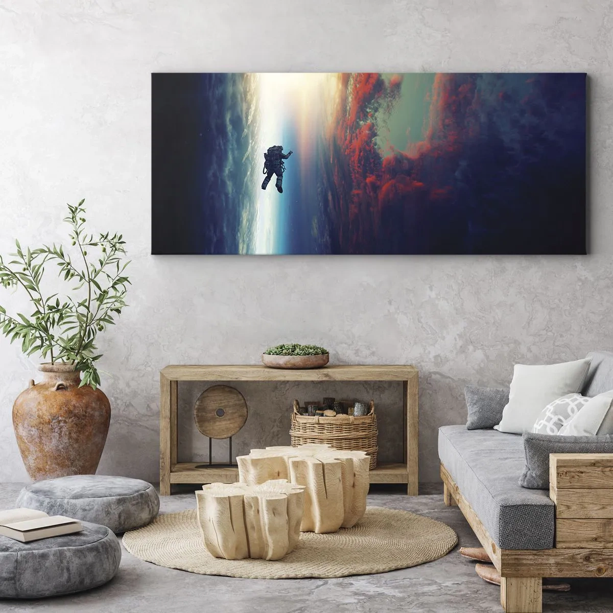 Impression sur toile - Image sur toile - Un astronaute flottant dans l'espace au-dessus d'une Terre colorée - 160x50cm - Affronter l'univers - Décoration murale moderne pour le salon et la chambre ARTTOR
