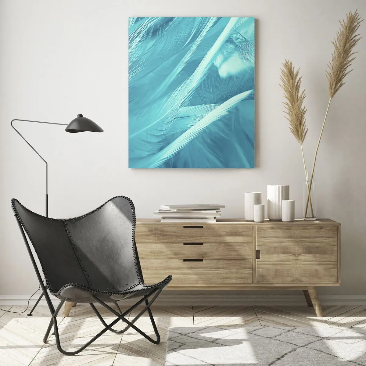Impression sur verre - Image sur verre - Plumes turquoise en gros plan délicat - 50x70cm - Se noyer dans les plumes - Décoration murale moderne pour le salon et la chambre ARTTOR