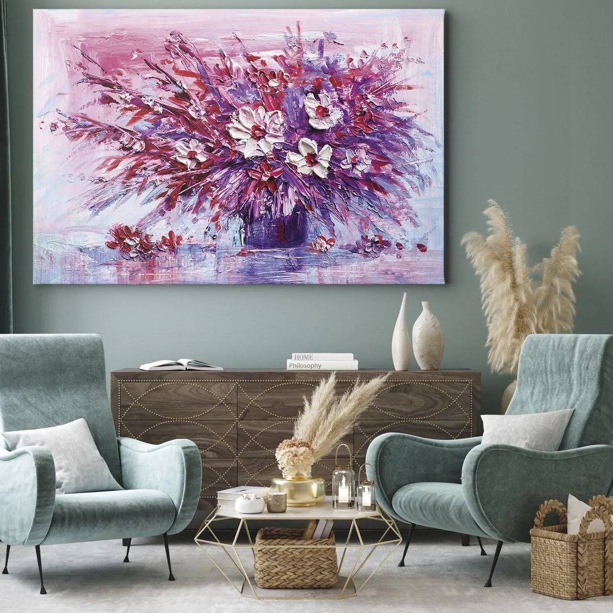 Impression sur toile - Image sur toile - Un bouquet de fleurs colorées dans des tons de rose et de violet - 120x80cm - Innocence et passion - Décoration murale moderne pour le salon et la chambre ARTTOR
