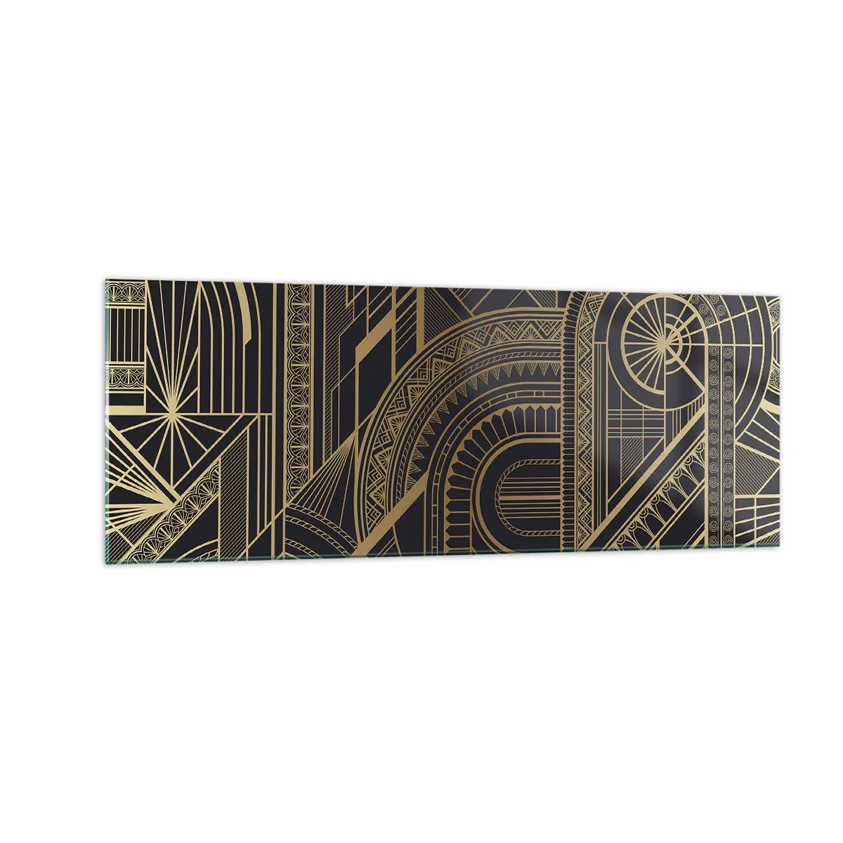 Impression sur verre - Image sur verre - Motifs géométriques dorés sur fond noir dans le style Art Déco - 140x50cm - Concept, idée, plan - Décoration murale moderne pour le salon et la chambre ARTTOR