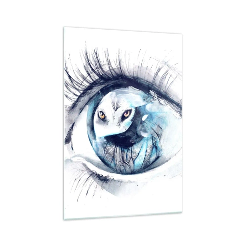 Impression sur verre - Image sur verre - Un œil avec une image d'un hibou dans des tons bleus à l'aquarelle - 70x100cm - Face à face avec la nature sauvage - Décoration murale moderne pour le salon et la chambre ARTTOR