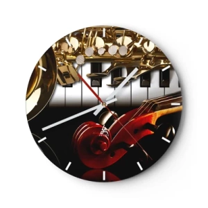 Horloge murale - Pendule murale - Une composition d'instruments de musique sur fond de clavier - 30x30cm - Tôle, bois et ivoire - Décoration murale moderne pour le salon, la cuisine et la chambre ARTTOR