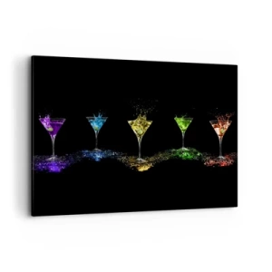 Impression sur toile - Image sur toile - Cocktails colorés dans des verres sur fond noir - 100x70cm - Couleurs de joie en verre de cristal - Décoration murale moderne pour le salon et la chambre ARTTOR