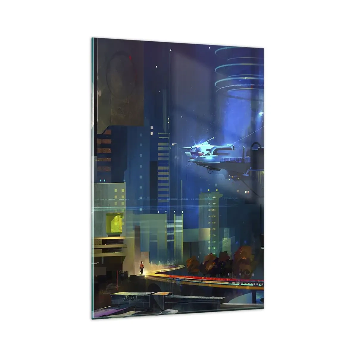 Impression sur verre - Image sur verre - Ville futuriste la nuit avec des néons et un véhicule volant - 80x120cm - Dans le futur proche - Décoration murale moderne pour le salon et la chambre ARTTOR
