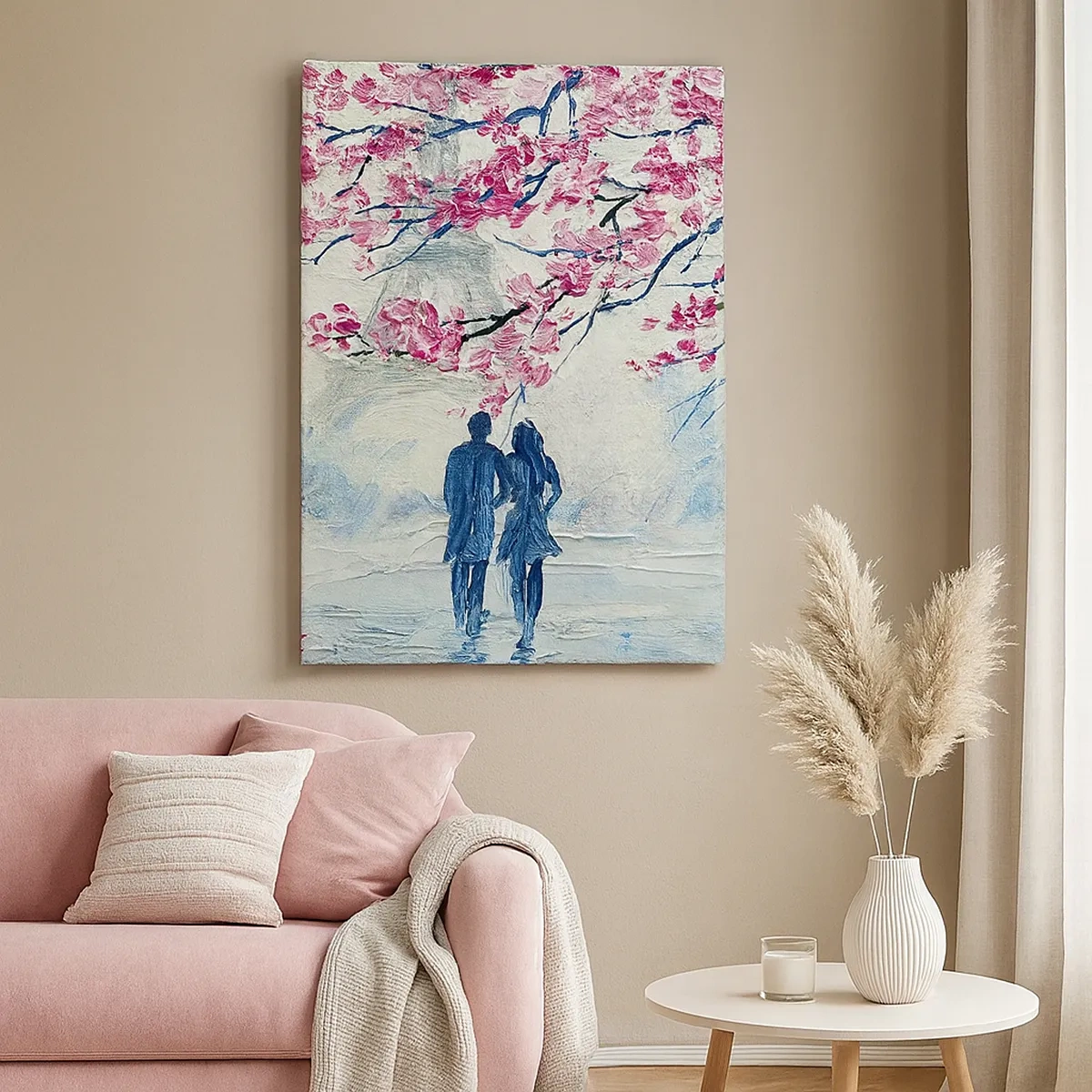 Impression sur toile - Image sur toile - Un couple sous des arbres roses en fleurs dans un cadre romantique - 50x70cm - Ballade romantique - Décoration murale moderne pour le salon et la chambre ARTTOR