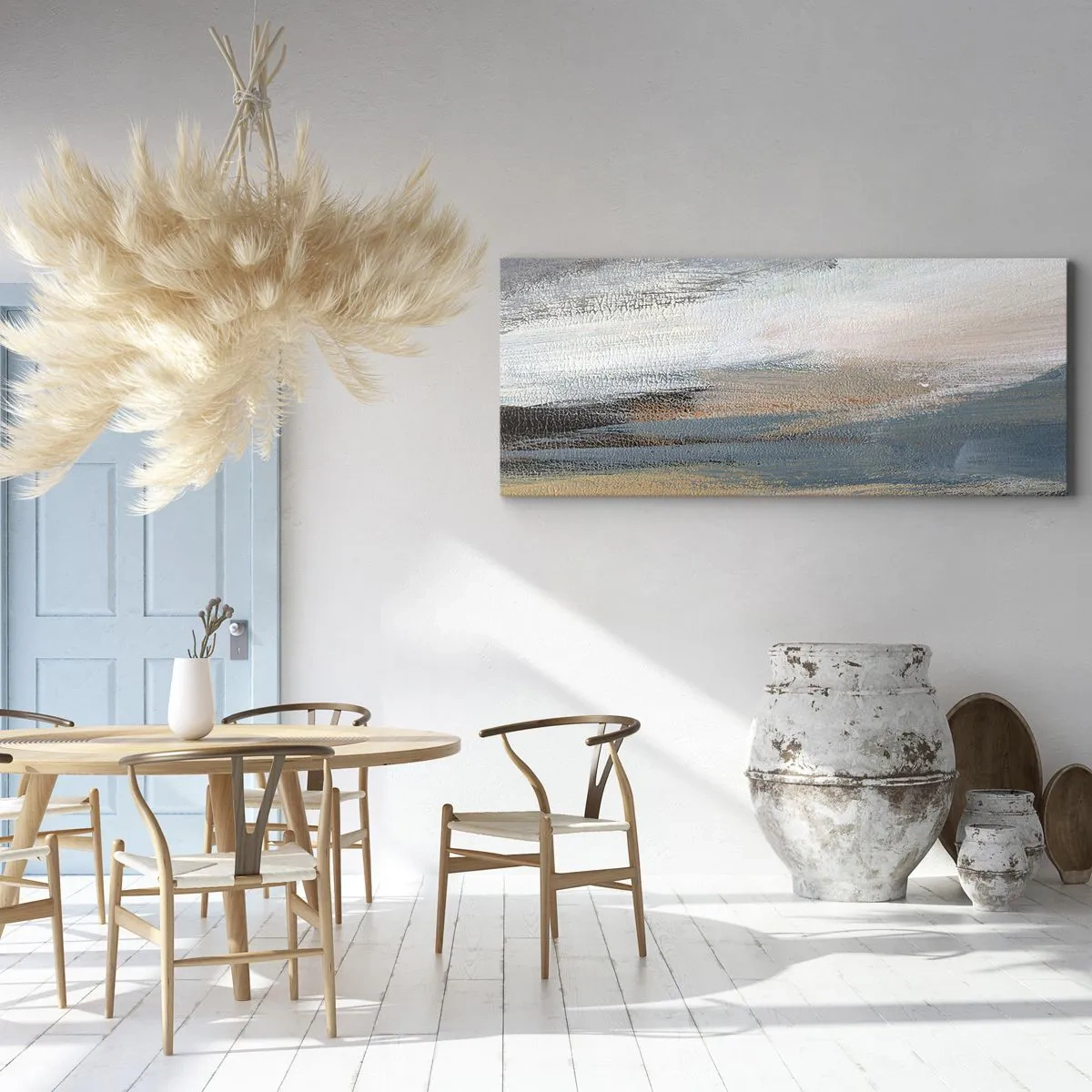 Impression sur toile - Image sur toile - Paysage abstrait dans des tons sobres de bleu et de beige - 120x50cm - Abstraction : paysage nordique - Décoration murale moderne pour le salon et la chambre ARTTOR