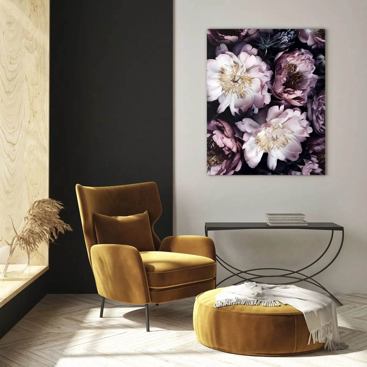 Impression sur verre - Image sur verre - Un bouquet romantique de pivoines aux tons violets et roses discrets - 50x70cm - Bouquet à l'ancienne - Décoration murale moderne pour le salon et la chambre ARTTOR