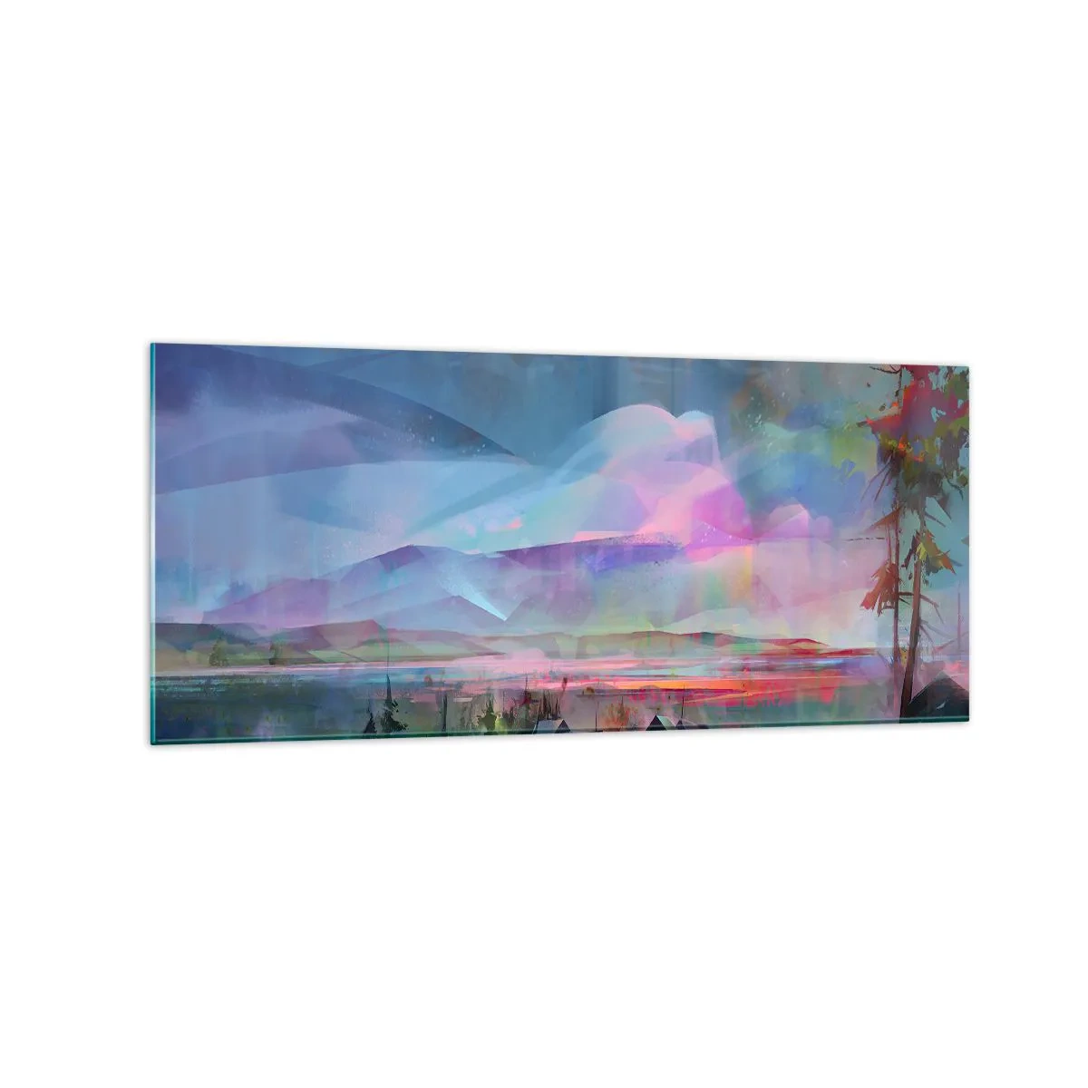 Impression sur verre - Image sur verre - Paysage de montagne avec un ciel coloré et un village - 120x50cm - Sous un ciel bienveillant - Décoration murale moderne pour le salon et la chambre ARTTOR