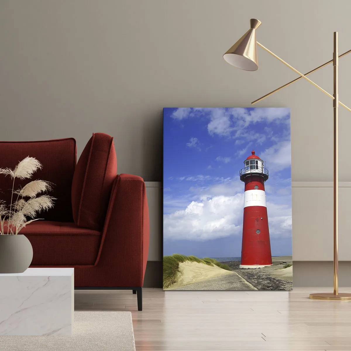Impression sur toile - Image sur toile - Phare rouge sur la plage sous un ciel bleu - 80x120cm - Rêve de solitude - Décoration murale moderne pour le salon et la chambre ARTTOR