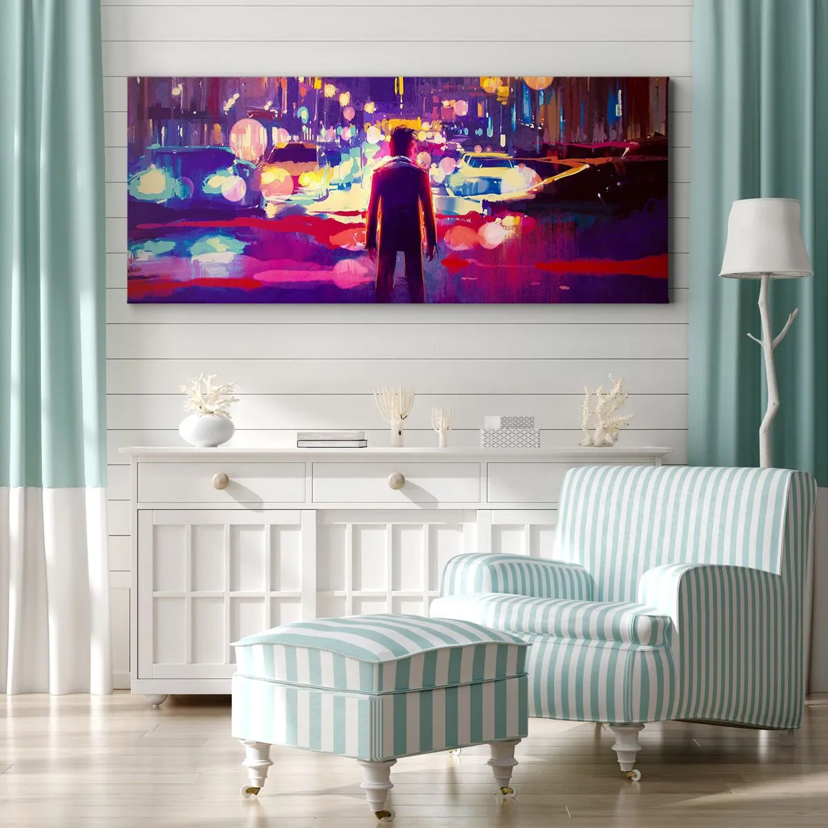 Impression sur toile - Image sur toile - Un homme dans une scène nocturne de ville au néon - 140x50cm - Immergé dans la lumière - Décoration murale moderne pour le salon et la chambre ARTTOR