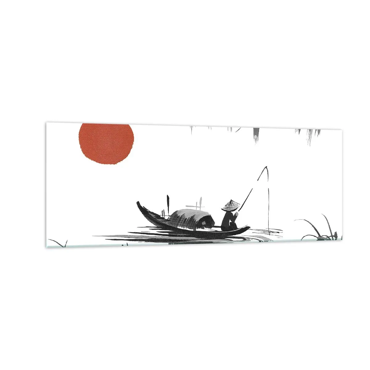 Impression sur verre - Image sur verre - Paysage oriental avec un pêcheur sur un bateau et un soleil rouge - 140x50cm - Après-midi asiatique - Décoration murale moderne pour le salon et la chambre ARTTOR