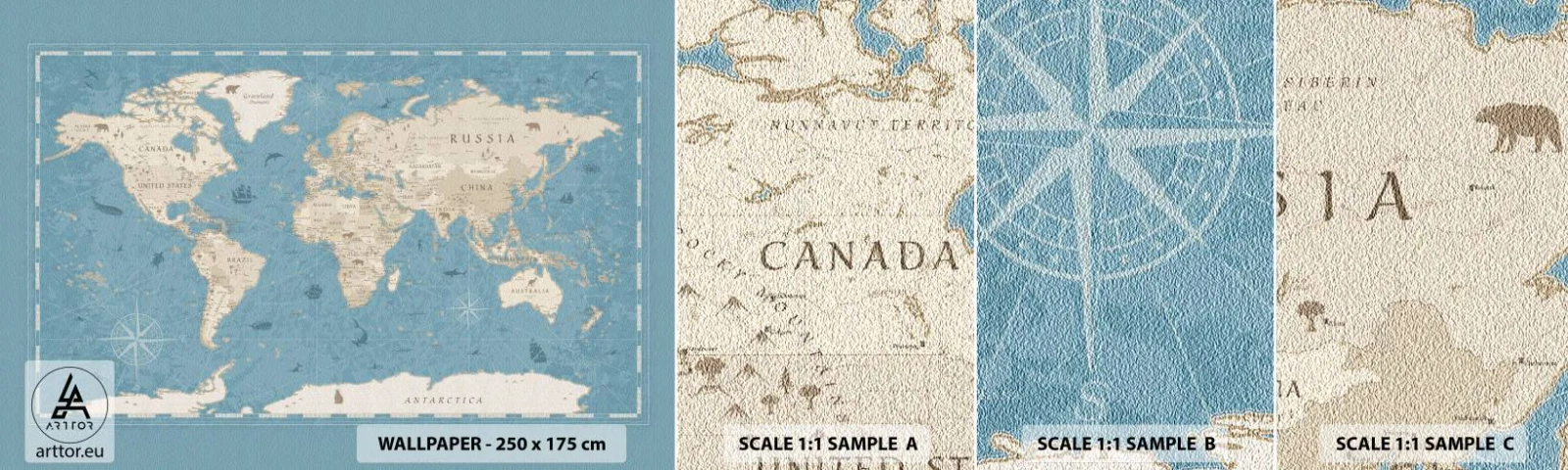 Échantillon de Papier Peint Autocollant Deluxe Sticker - Le monde à porter de main - Carte du monde, Ancien, Grunge - 100x30 cm